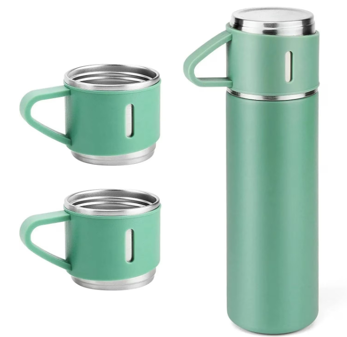 Set termos din inox cu 3 cesti 500ml sticla termoizolanta pentru bauturi fierbinti si reci VERDE